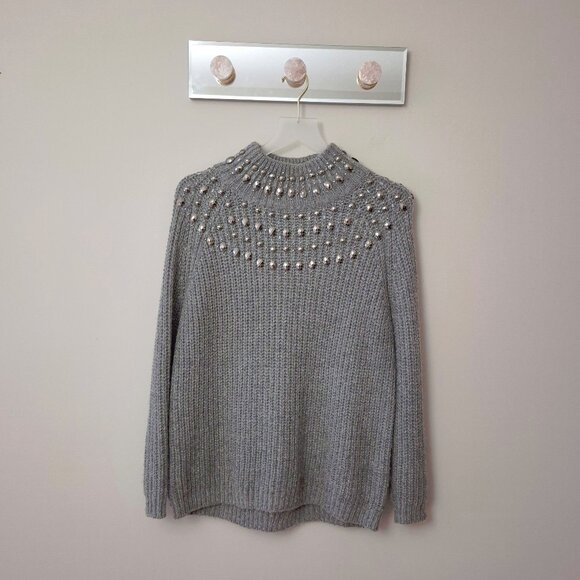 EUC Zara grey wool blend knit sweater with embellished details, L - Picture 3 of 7